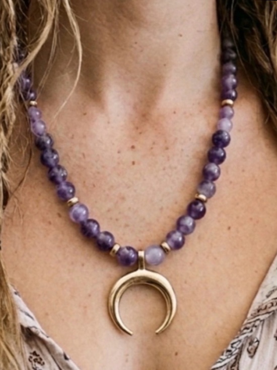 Artisan Jewelry - Genuine Amethyst Gold Crescent Pendant Beaded Necklace